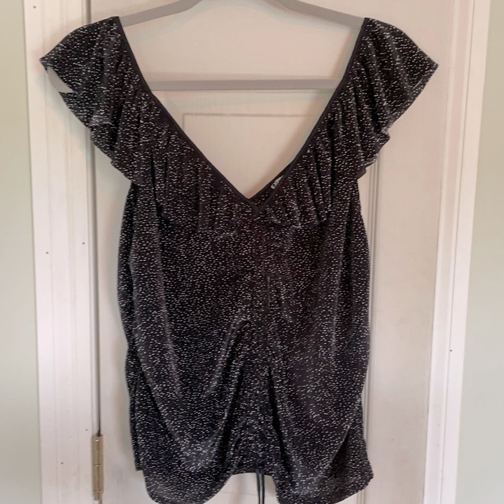 Express Black Sparkle Ruffle Sleeve V-Neck Top